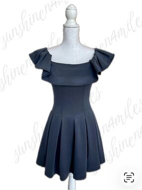 HALSTON Navy Blue A-Line Ruffle Off-Shoulder Box Pleated Mini Evening Dress